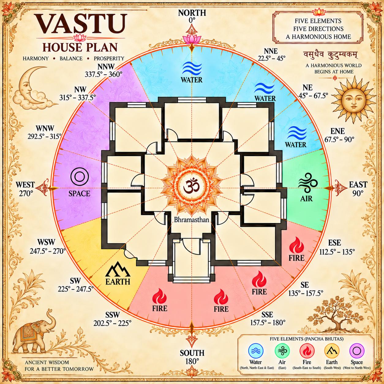 Vastu house plan showing directions and five elements